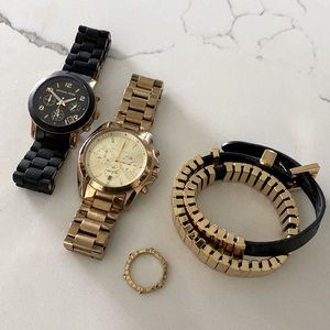 Michael Kors gold and black watch and jewelry bundle